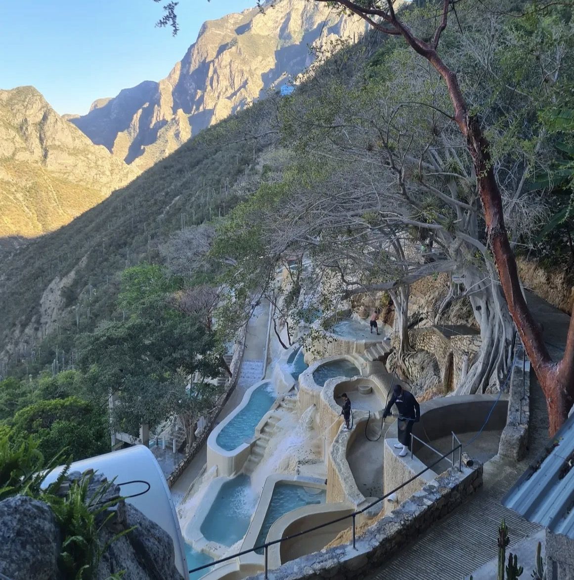 Safety signage and first aid point at the entrance to the Grutas de Tolantongo canyon park